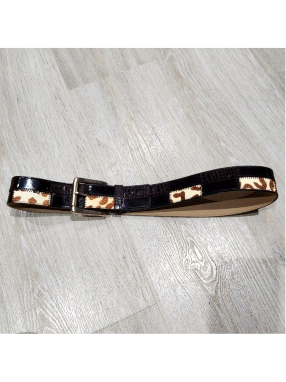 Nine West Belt Womens S Brown Genuine Leather Patchwork Animal Print Buckle